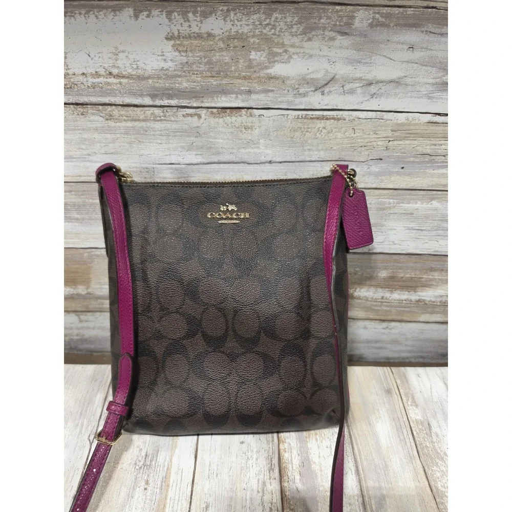 Coach North South Crossbody Bag Signature Canvas‎ Brown Magenta  File Purse